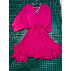 Aakaa Womens Hot Pink Ruffle Mini Dress Deep V-Neck Open Back Tassel Waist Small